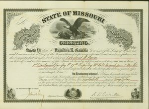 Nombra a Horn Primer Teniente, Compañía F, 17ª Infantería de Missouri, con rango desde el 8 de diciembre de 1863 de Hamilton Rowan Gamble